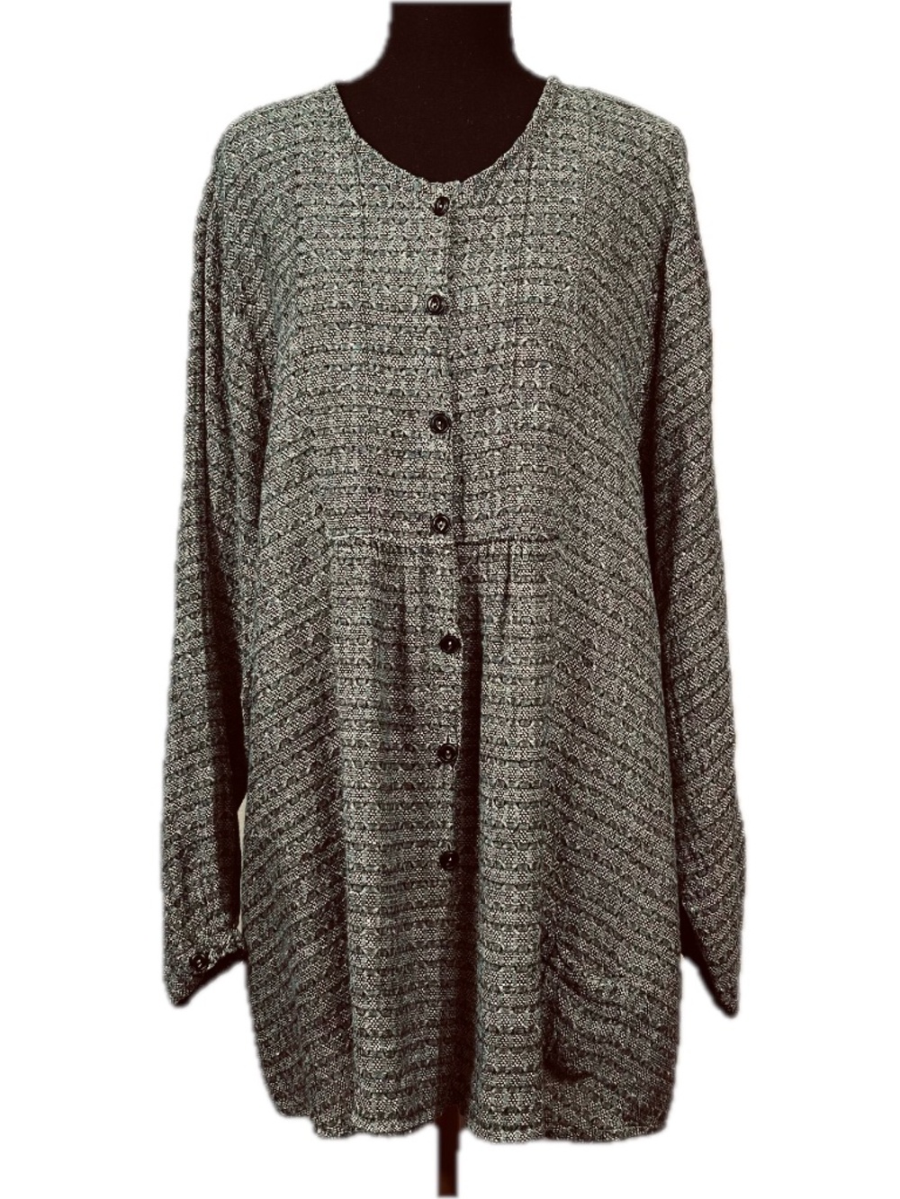 FLAX 100% Linen Black Gray Textured Tweed Lagenlook Tunic Top Size L